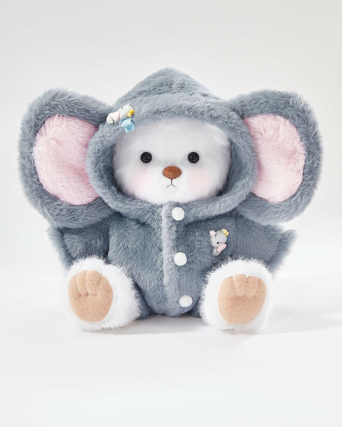 White Long Hair Bear & Navy Elephant Jumpsuit - 12 Inches