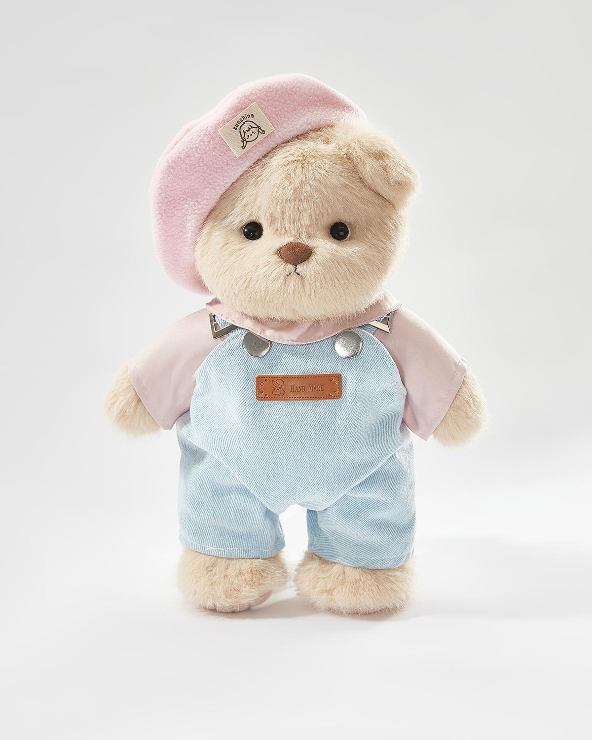 Teddy Bear & Pink Beanie Denim Overalls Set - 12 Inches