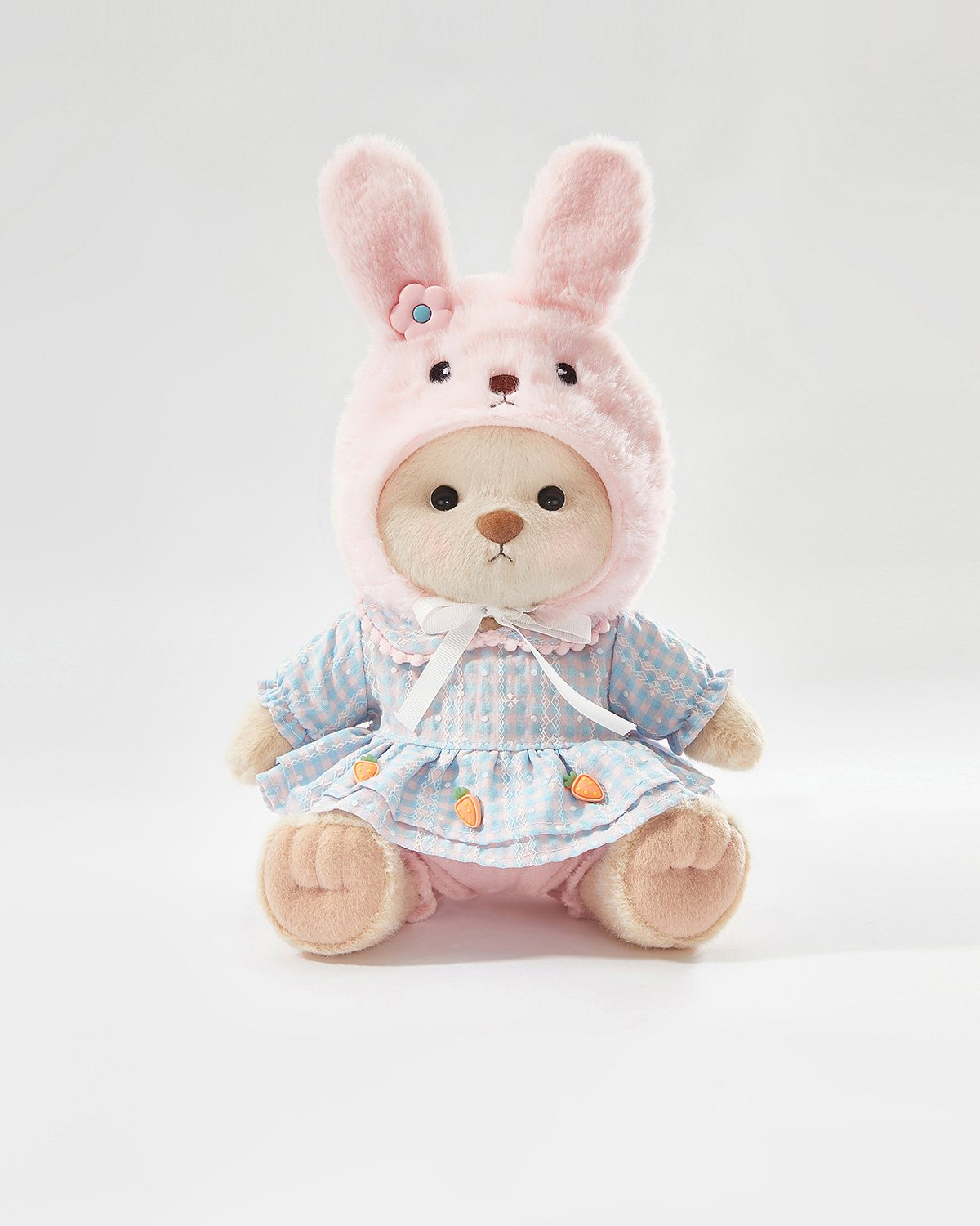 Milk Tea Short Hair Bear & Lovely Bunny Pink Dress Set - 12 Inches