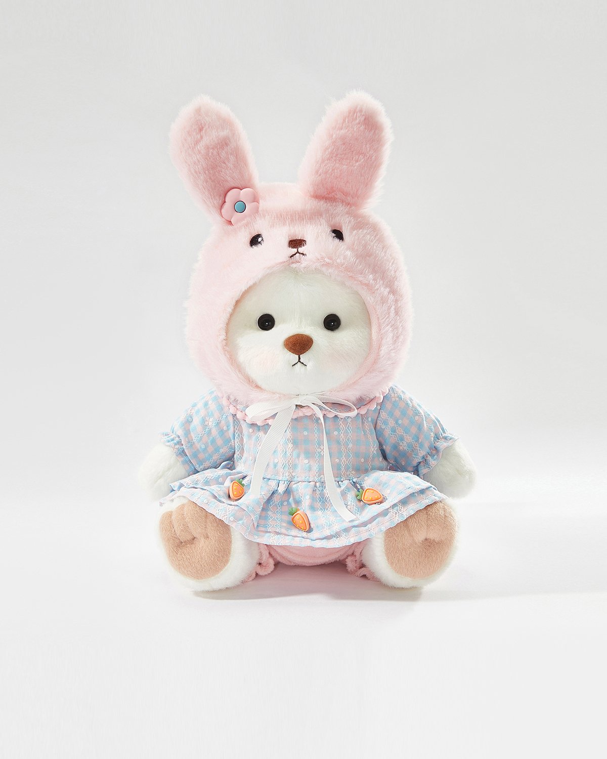 White Short Hair Bear & Lovely Bunny Pink Dress Set - 12 Inches