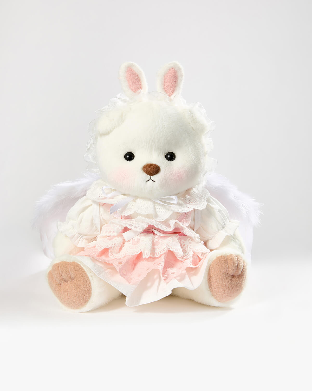 White Short Hair Bear & Pink Bunny Dress With Wings - 12 Inches