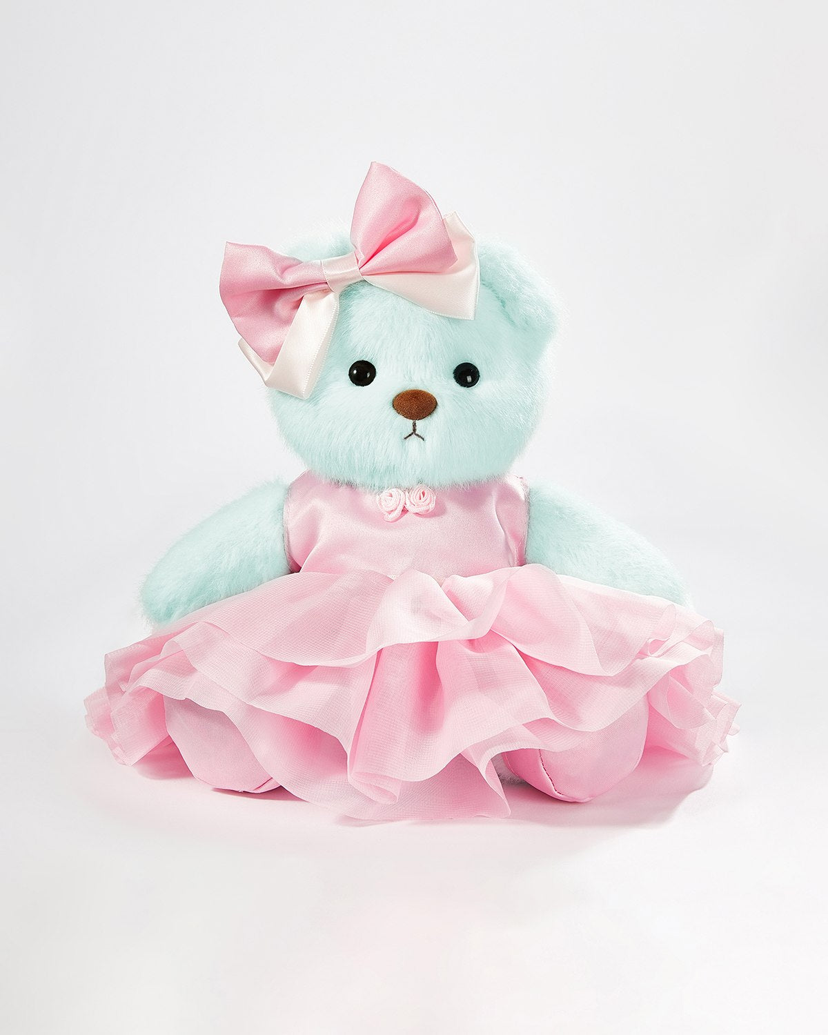 Mint Blue Long Hair Bear & Cute Pink Dress Set of 4 - 12 Inches