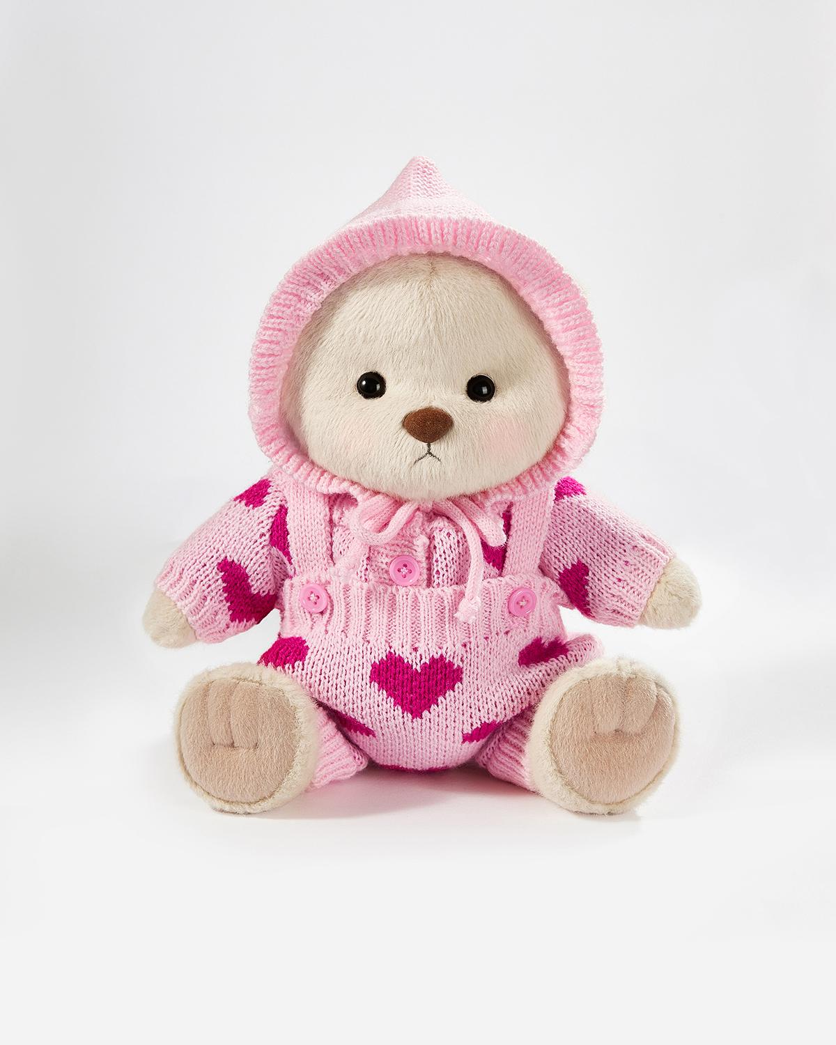 Milk Tea Short Hair Bear & Pink Heart Knit Set - 12 Inches