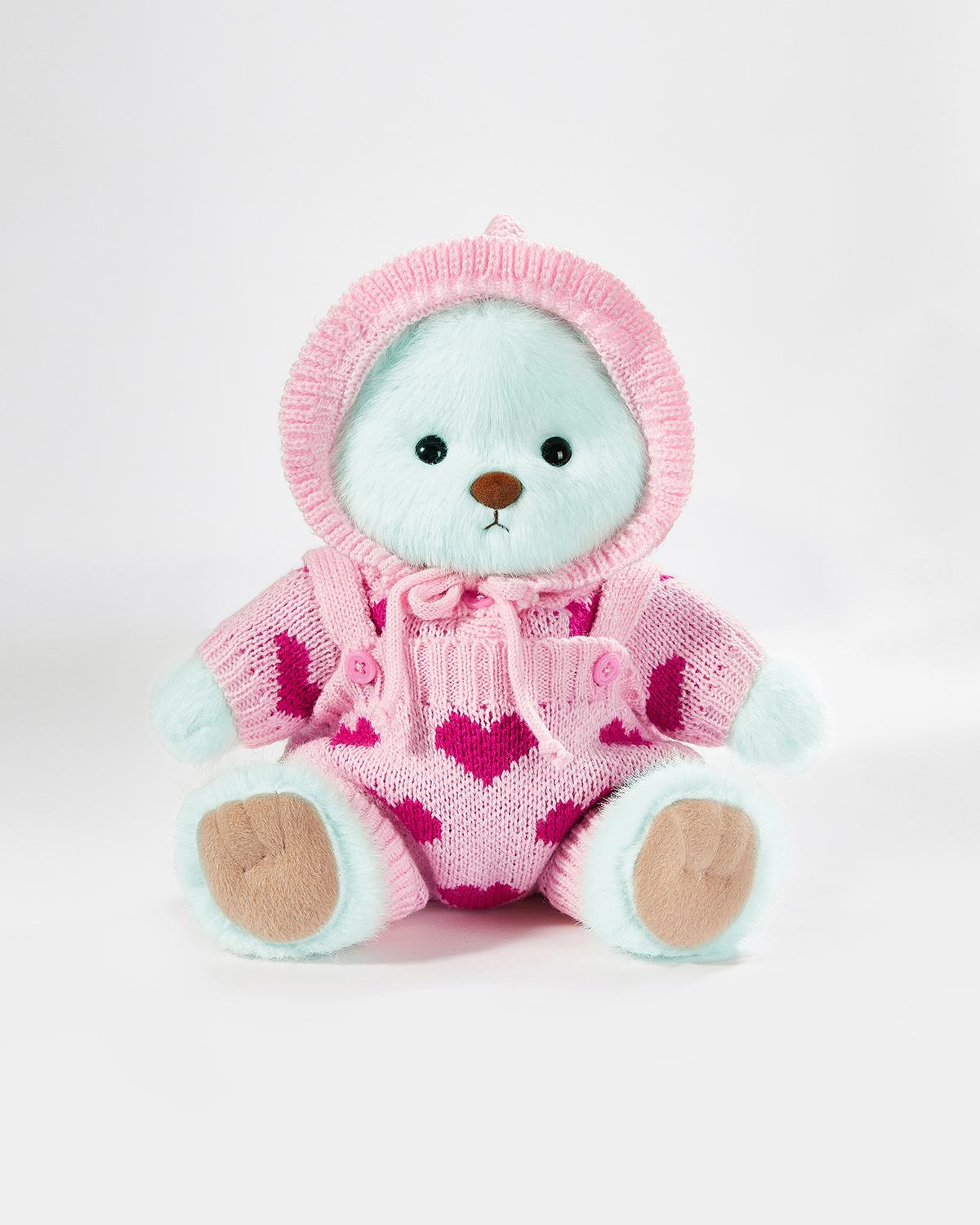 Mint Blue Long Hair Bear & Pink Heart Knit Set - 12 Inches