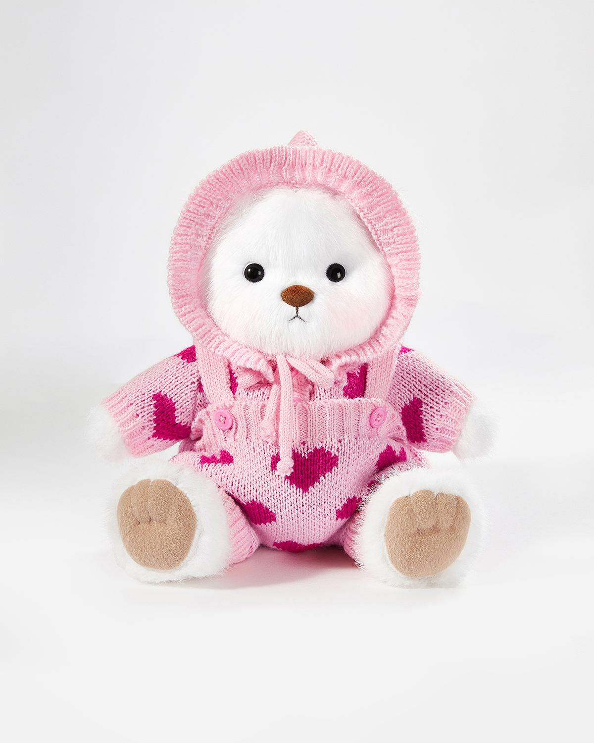White Long Hair Bear & Pink Heart Knit Set - 12 Inches