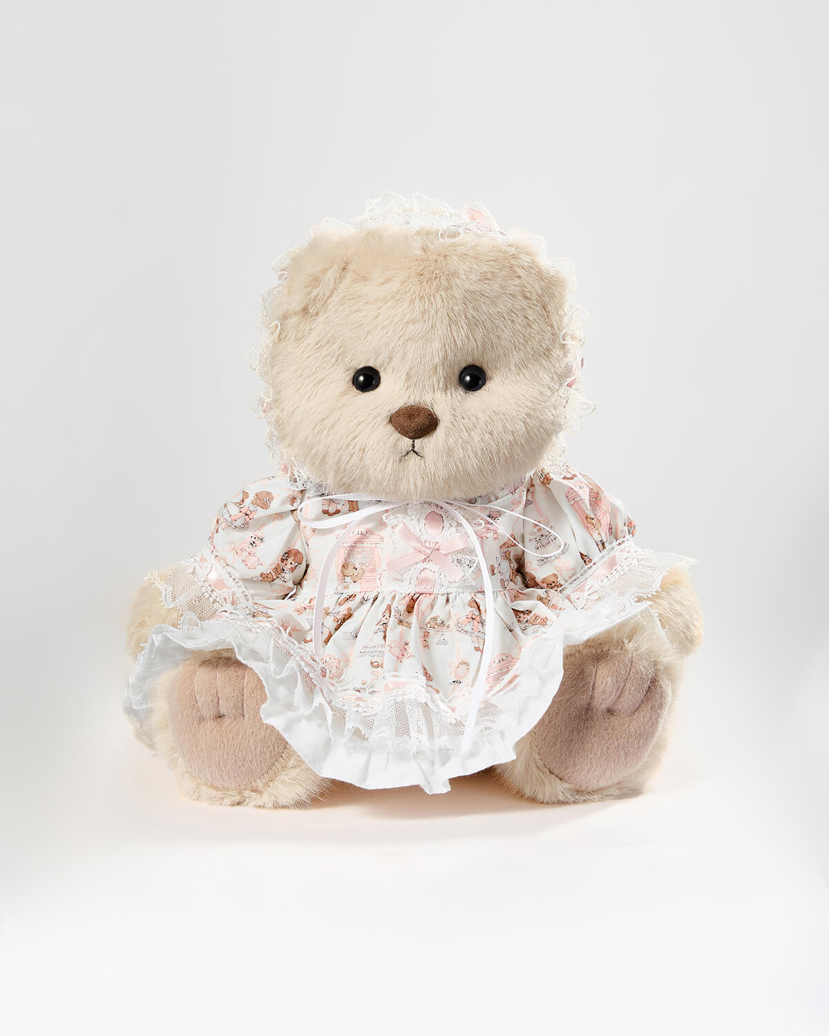 Milk Tea Long Hair Bear & Pink Lace Lolita Dress - 12 Inches