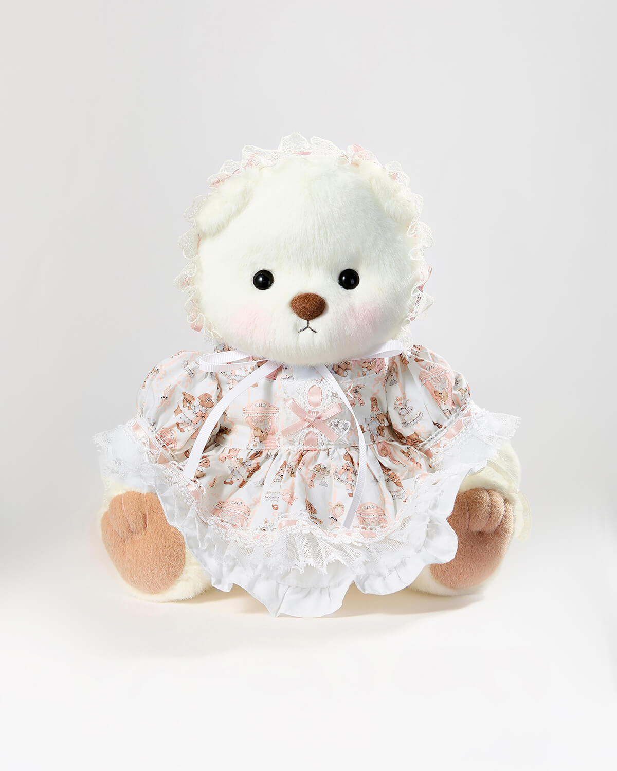 White Short Hair Bear & Pink Lace Lolita Dress - 12 Inches