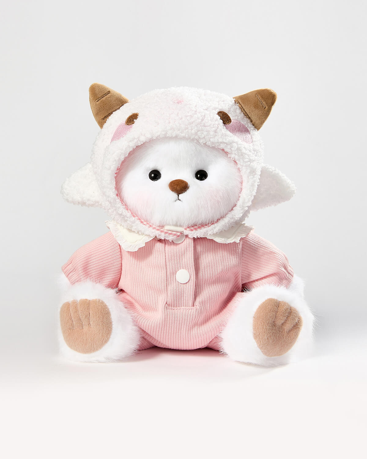 White Long Hair Bear & Pink Lamb Suspender Set - 12 Inches