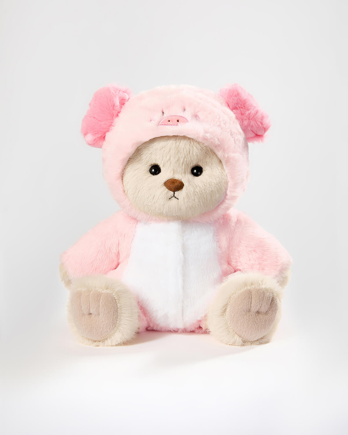 Milk Tea Long Hair Bear & Pink Piggy Jumpsuit - 12 Inches