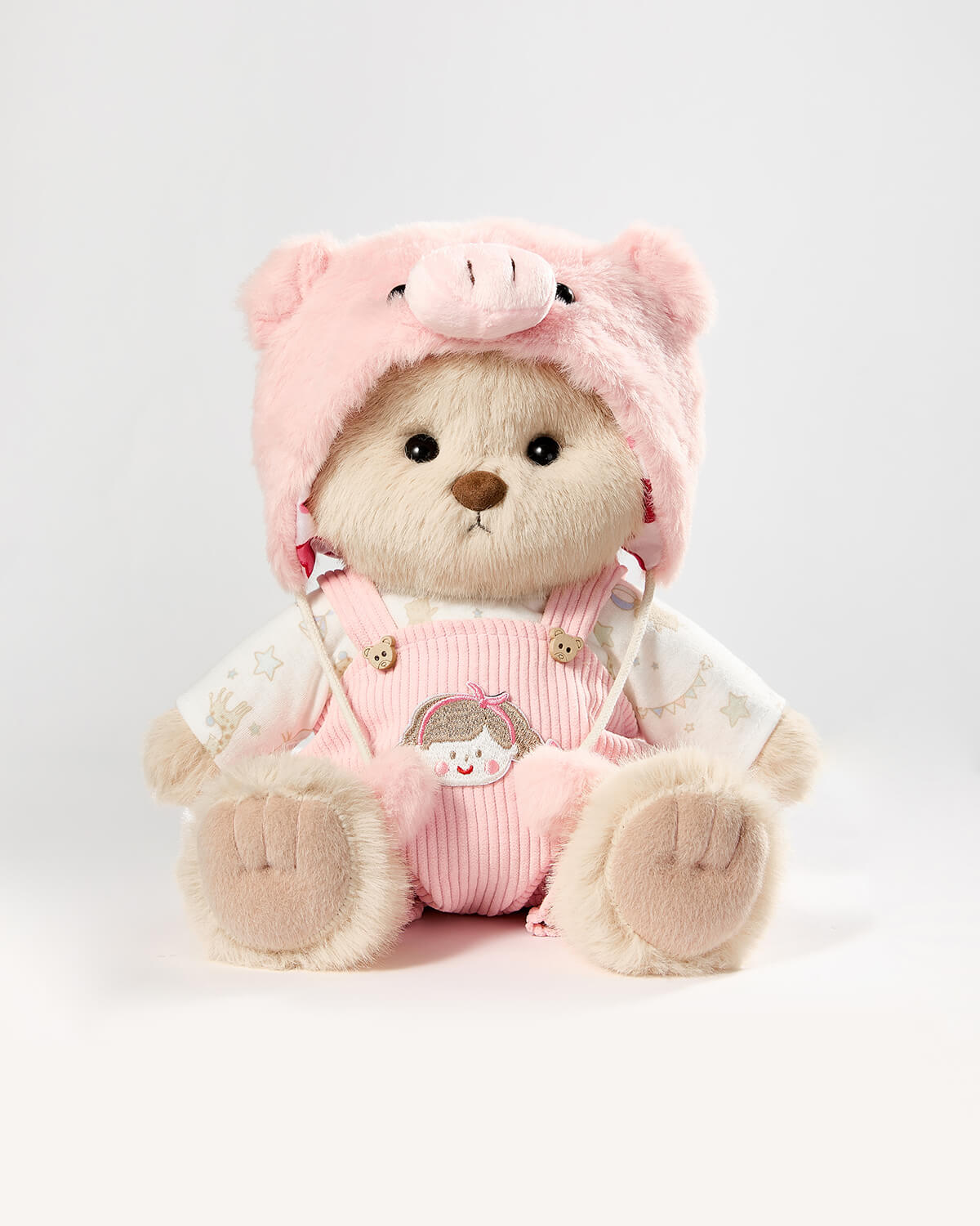 Milk Tea Long Hair Bear & Pink Piggy Suspenders Set - 12 Inches