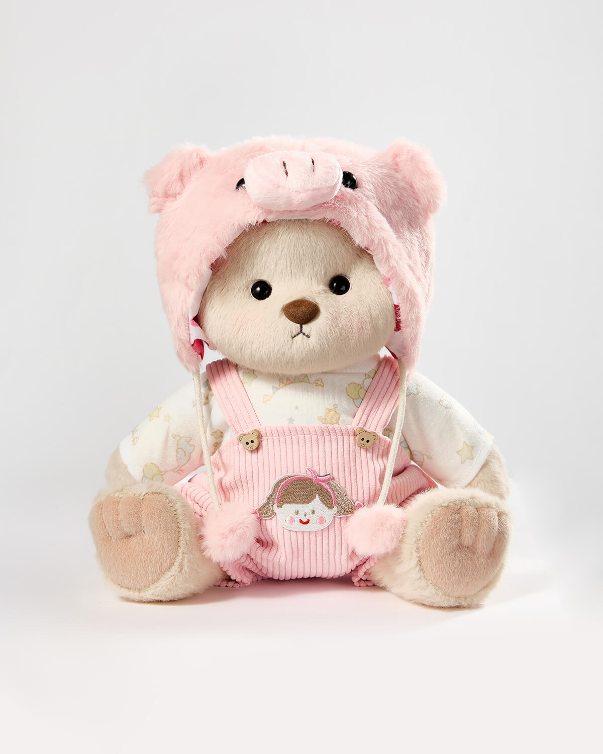 Milk Tea Short Hair Bear & Pink Piggy Suspenders Set - 12 Inches