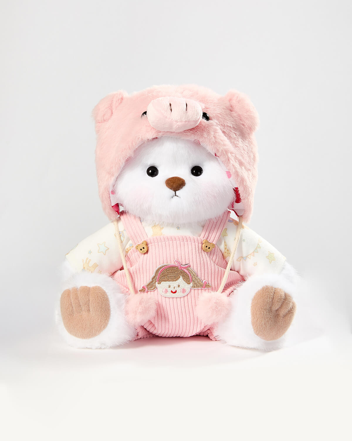 White Long Hair Bear & Pink Piggy Suspenders Set - 12 Inches
