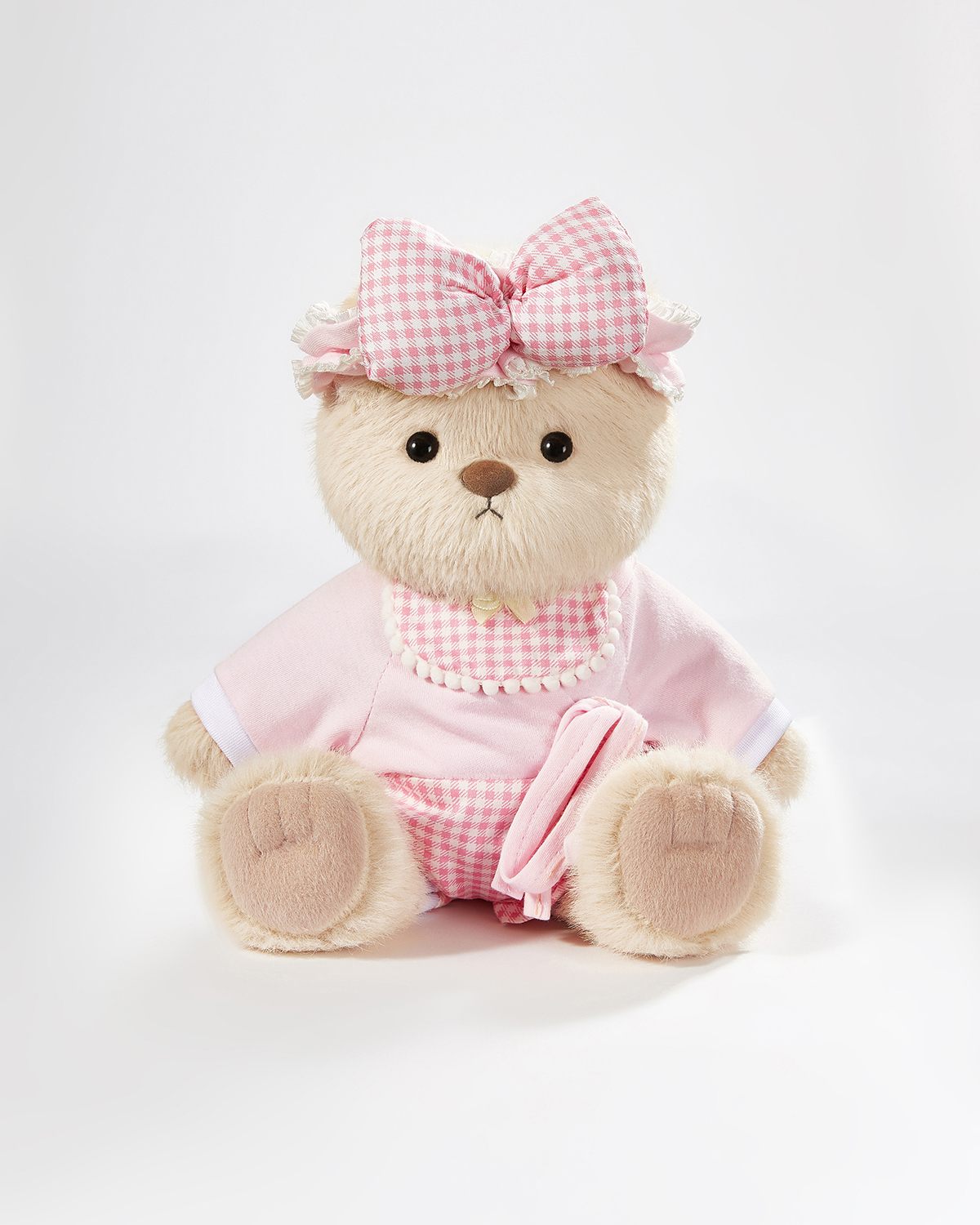Milk Tea Long Hair Bear & Pink Plaid Pajama - 12 Inches