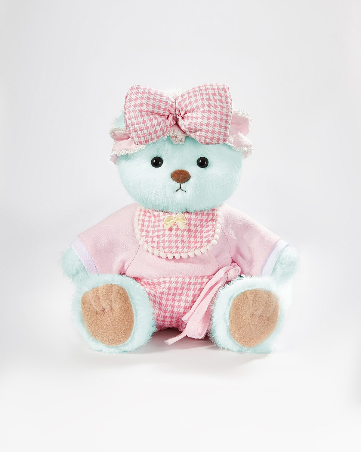 Mint Blue Long Hair Bear & Pink Plaid Pajama - 12 Inches