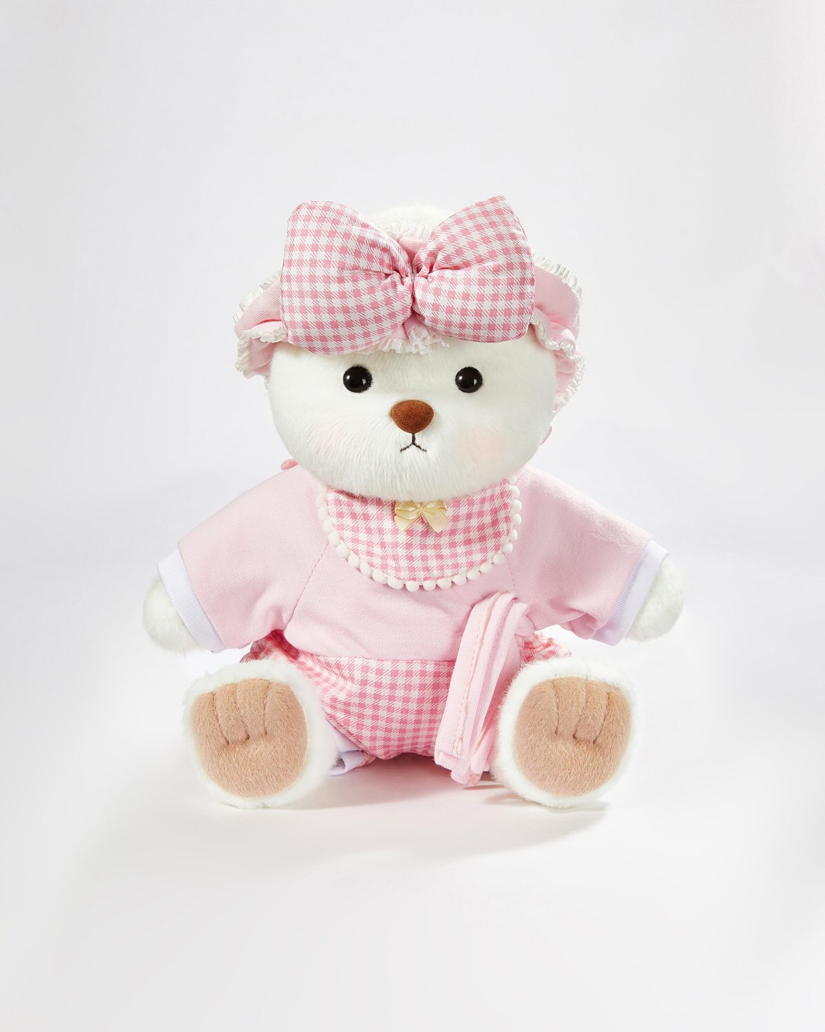 White Short Hair Bear & Pink Plaid Pajama - 12 Inches