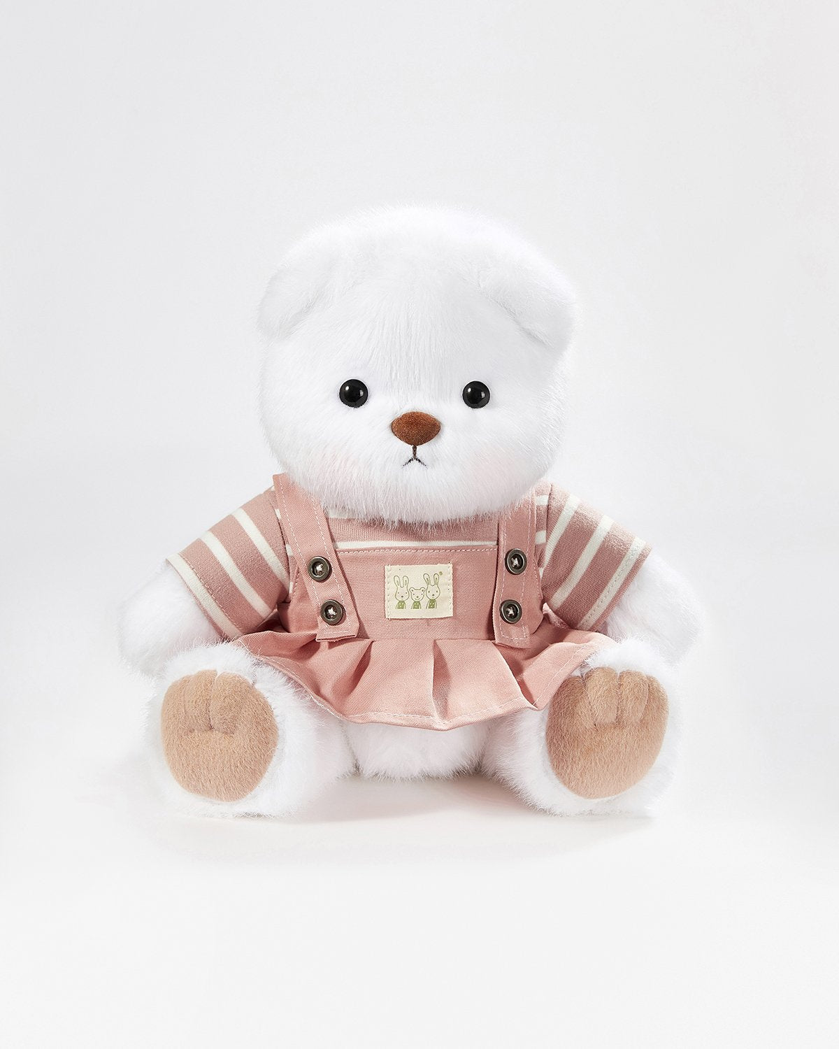 White Long Hair Bear & Pink Striped Back Dress - 12 Inches