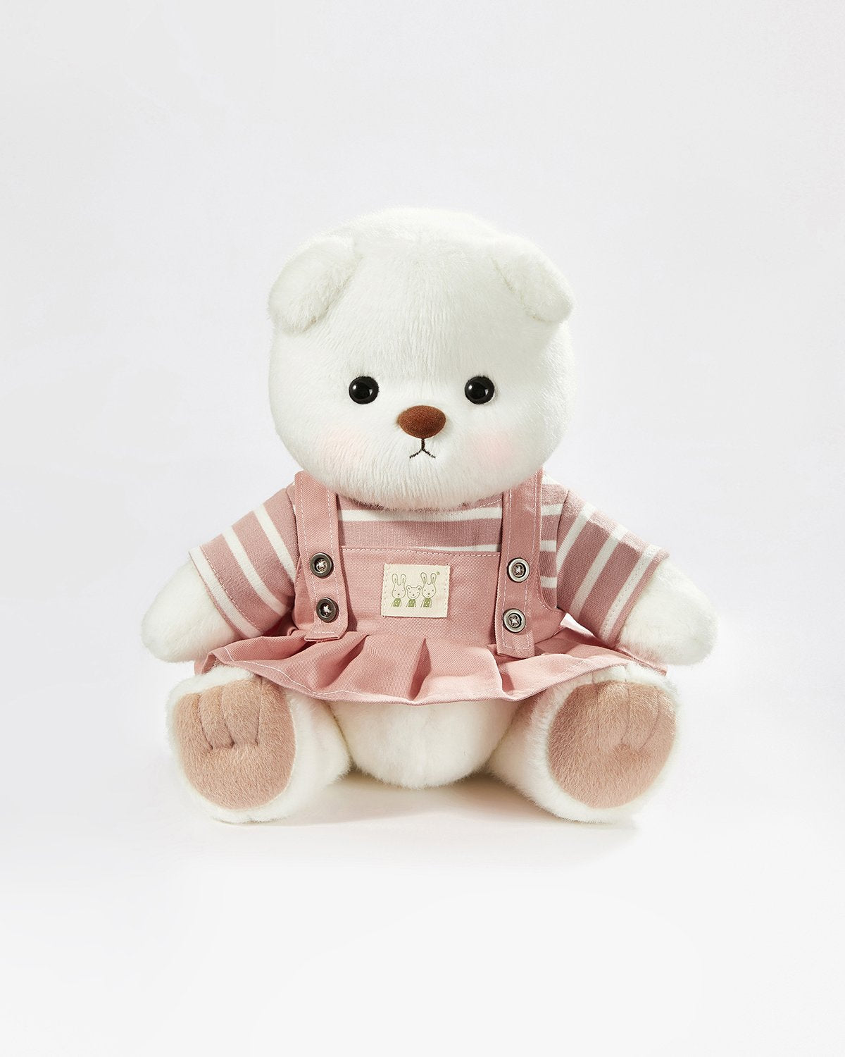 White Short Hair Bear & Pink Striped Back Dress - 12 Inches