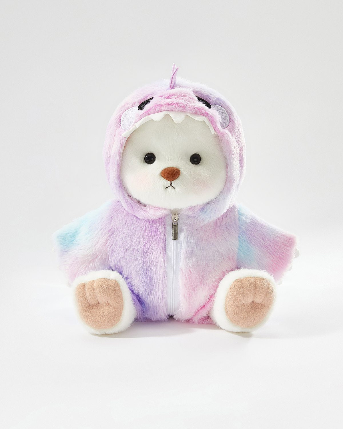 White Short Hair Bear & Rainbow Purple Dinosaur Jumpsuit - 12 Inches