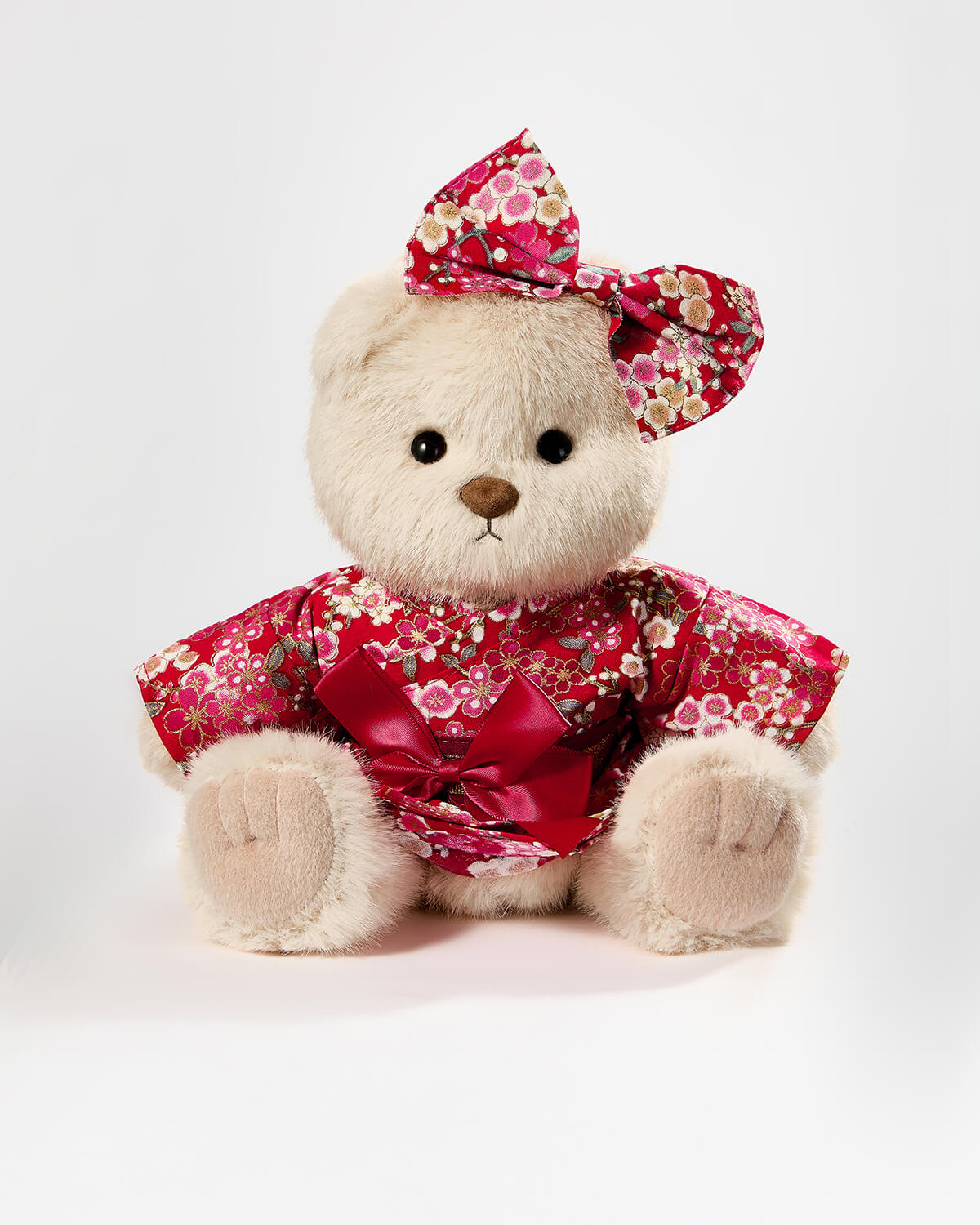 Milk Tea Long Hair Bear & Red Kimono Dress- 12 Inches