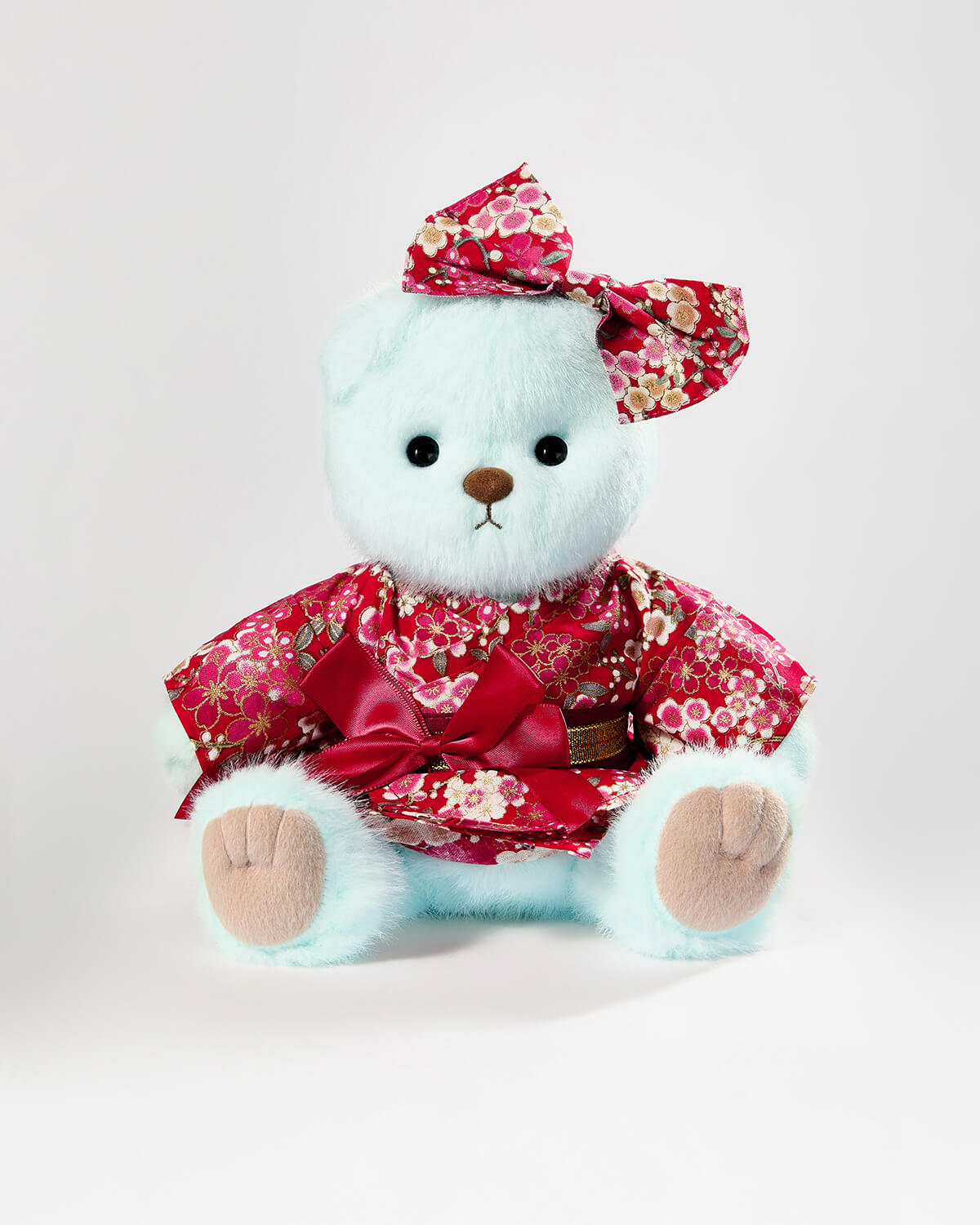 Mint Blue Long Hair Bear & Red Kimono Dress- 12 Inches