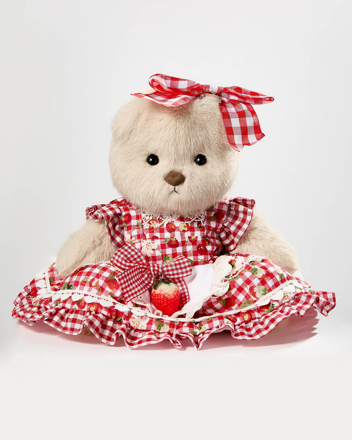 Milk Tea Long Hair Bear & Red Strawberry Plaid Dress - 12 Inches