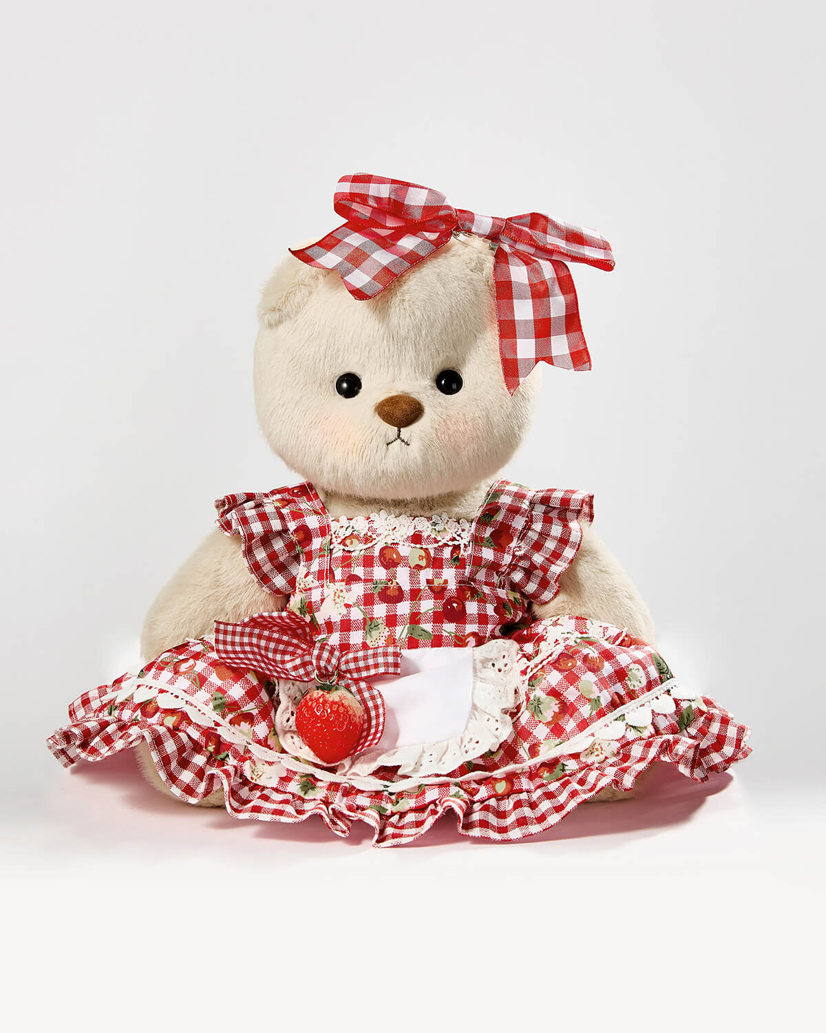 Milk Tea Short Hair Bear & Red Strawberry Plaid Dress - 12 Inches
