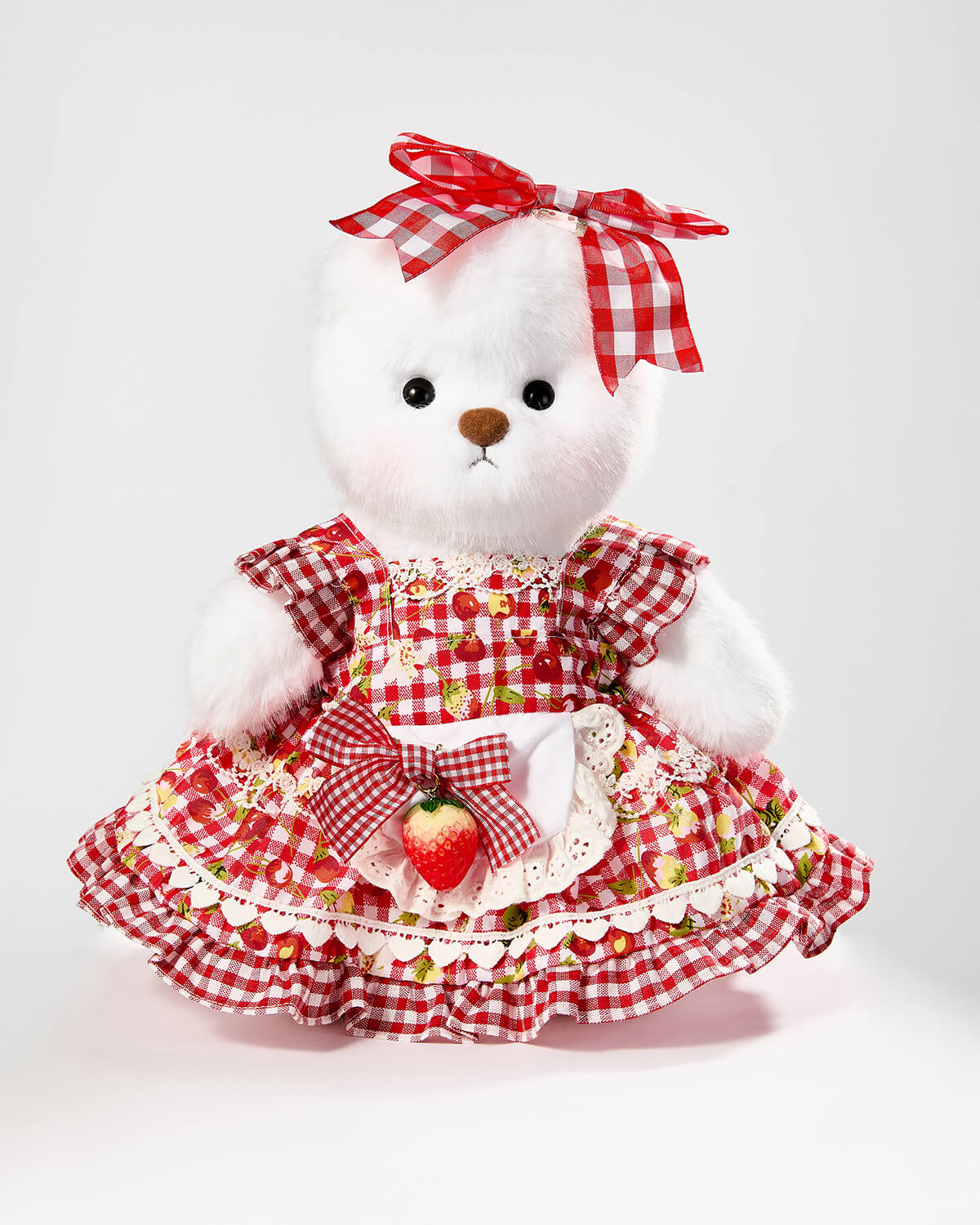 Teddy Bear & Red Strawberry Plaid Dress - 12 Inches
