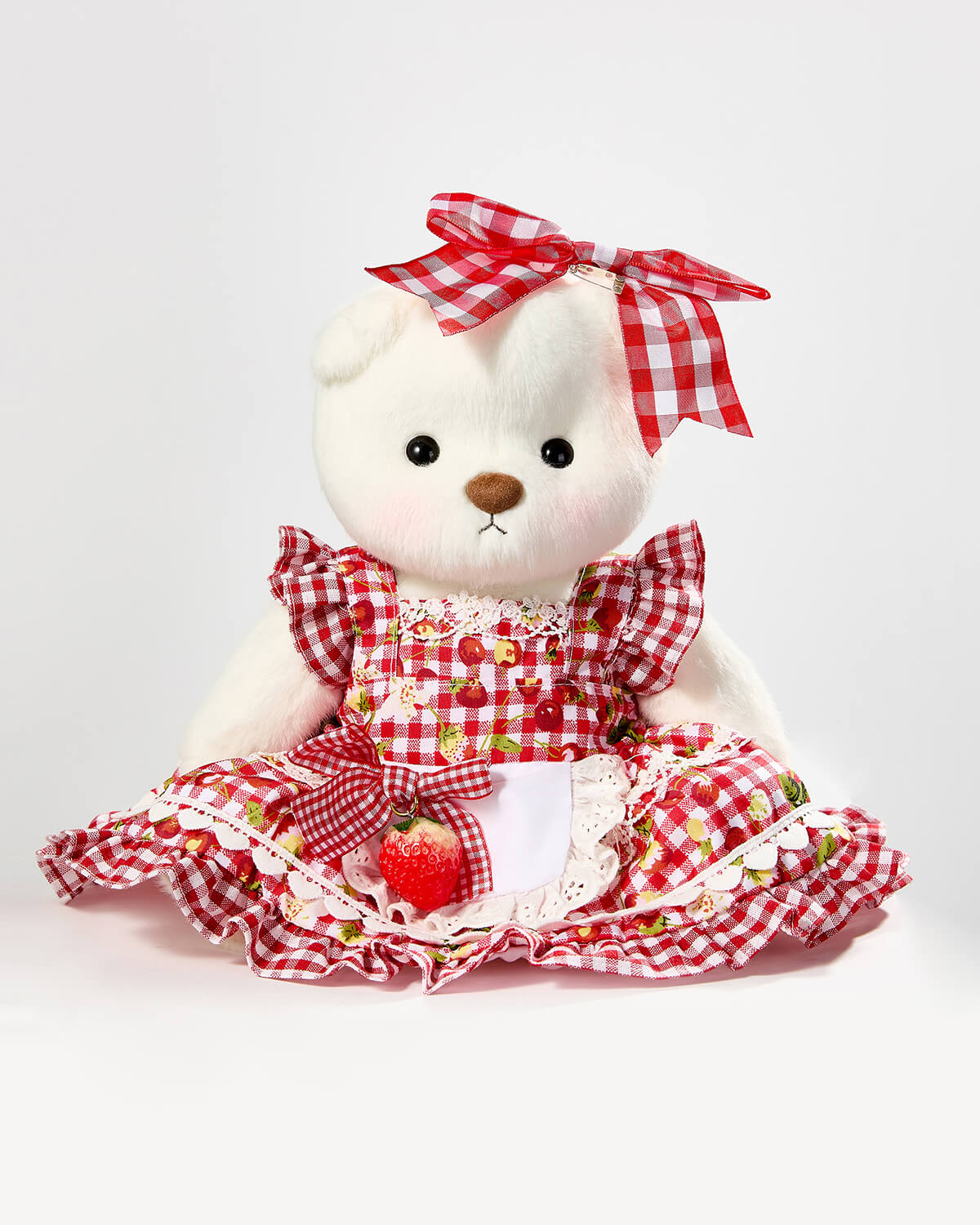 White Short Hair Bear & Red Strawberry Plaid Dress - 12 Inches