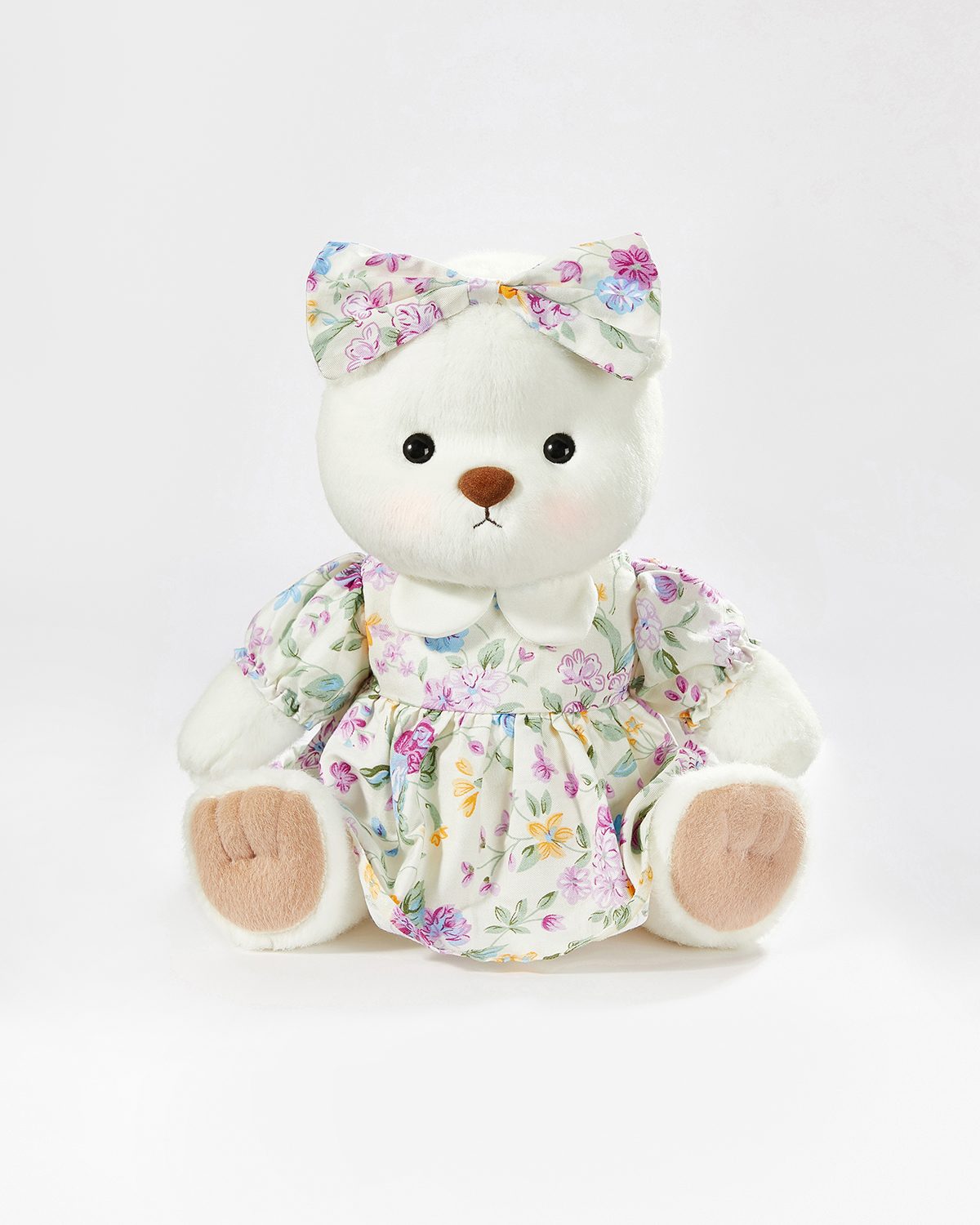 White Short Hair Bear & Adorable Small Floral Dress - 12 Inches