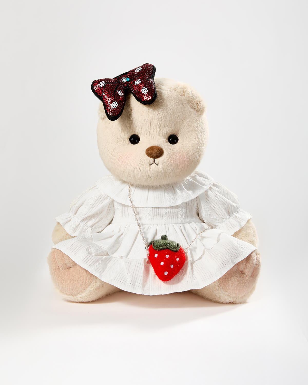 Teddy Bear & Strawberry Shoulder Bag White Dress - 12 Inches