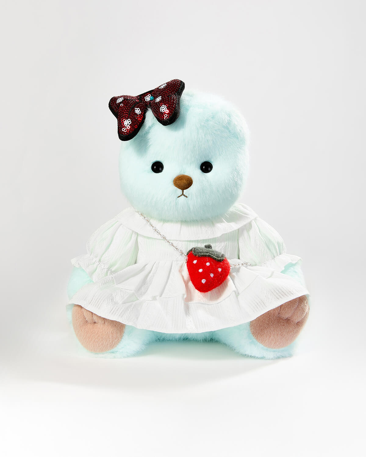 Mint Blue Long Hair Bear & Strawberry Shoulder Bag White Dress - 12 Inches