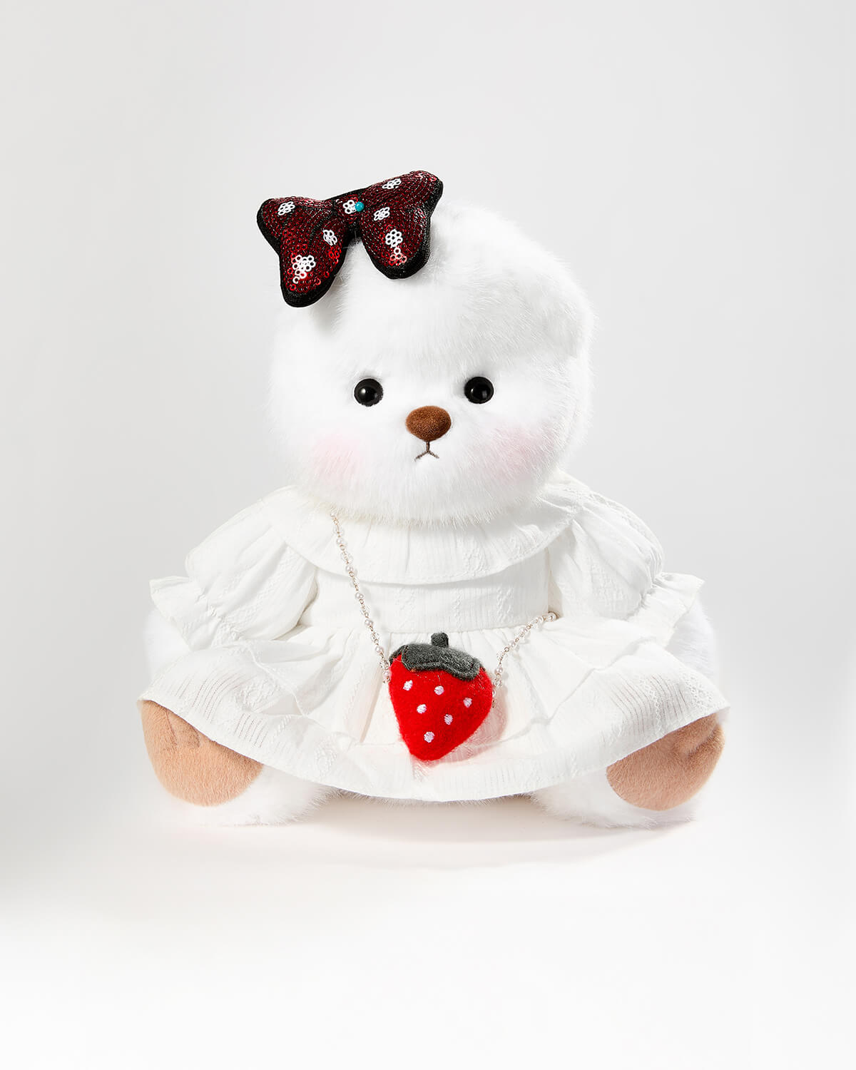 White Long Hair Bear & Strawberry Shoulder Bag White Dress - 12 Inches