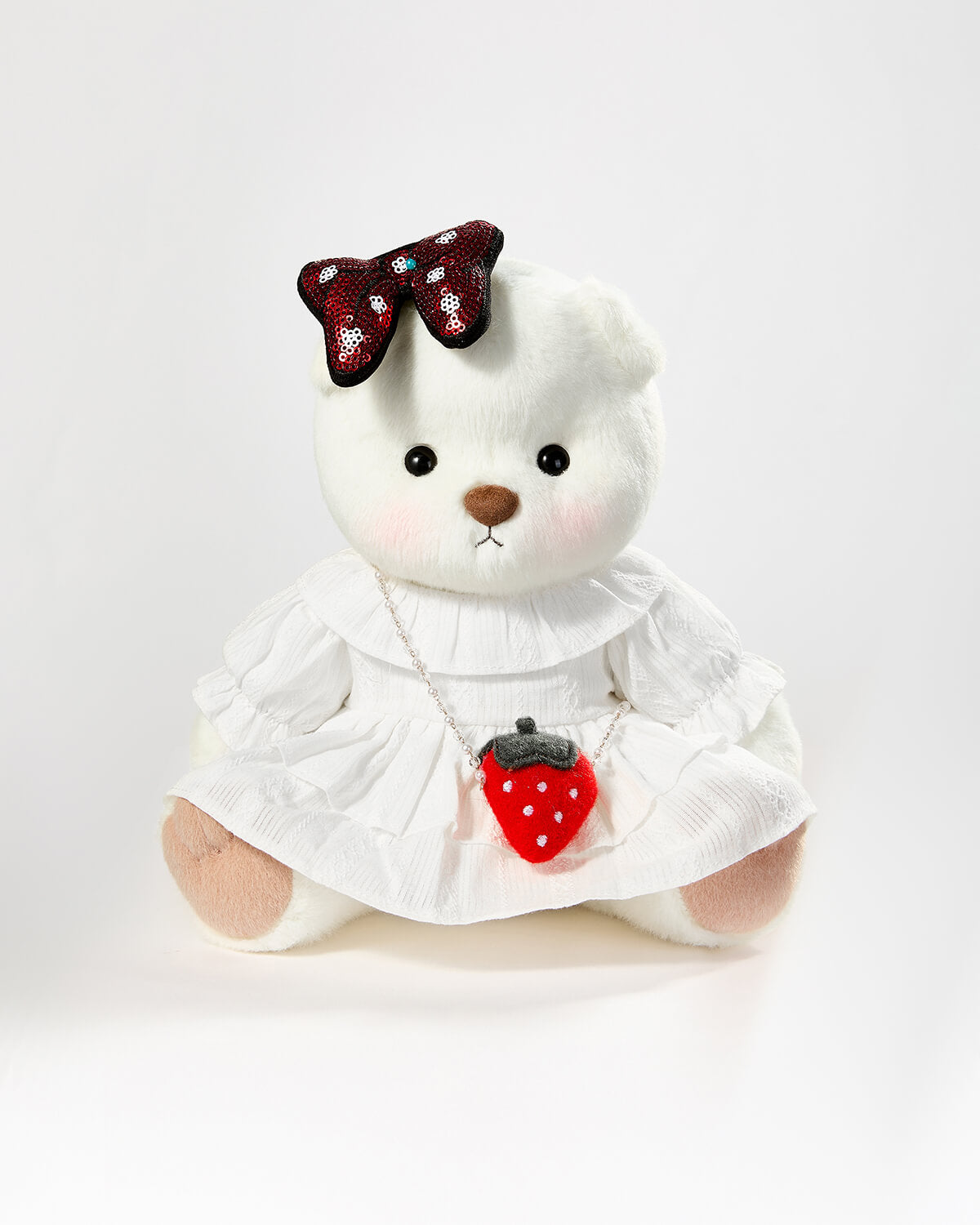 White Short Hair Bear & Strawberry Shoulder Bag White Dress - 12 Inches