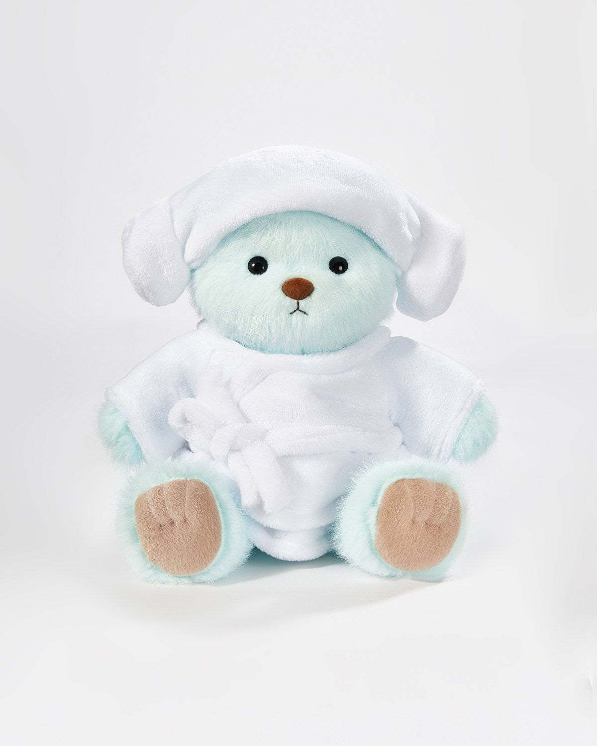 Mint Blue Long Hair Bear & White Bathrobe Set - 12 Inches