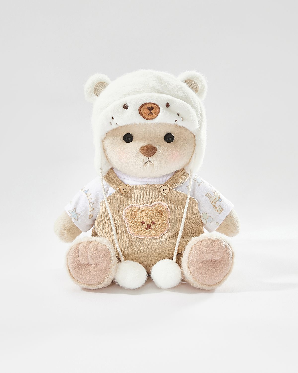 Milk Tea Short Hair Bear & White Mink Bear Overalls Set - 12 Inches