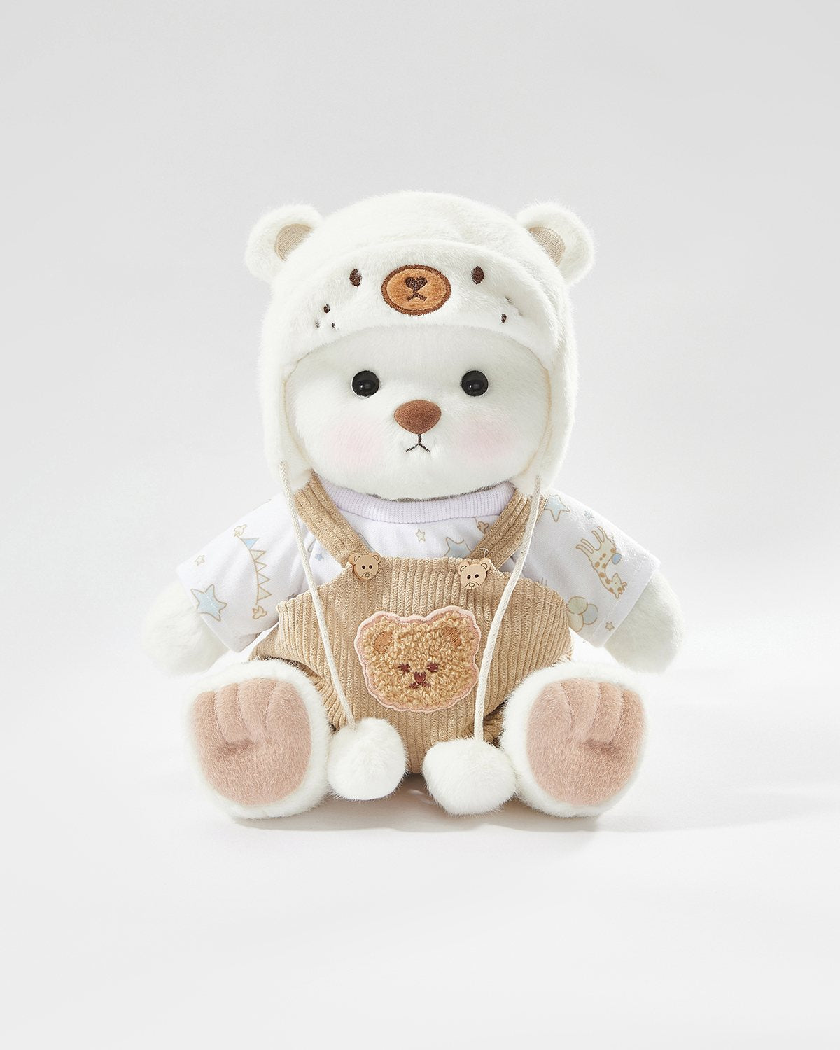 White Short Hair Bear & White Mink Bear Overalls Set - 12 Inches