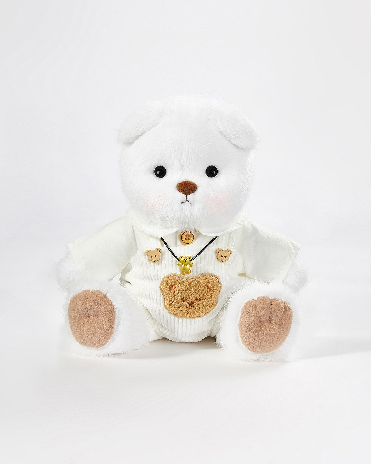 White Long Hair Bear & White Shirt Overalls Set - 12 Inches