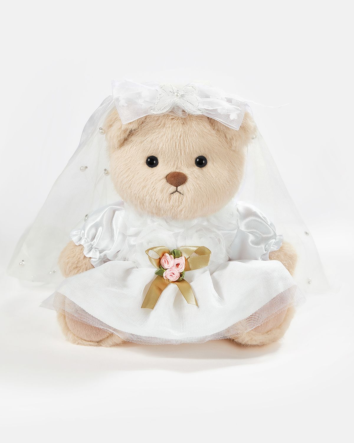 Milk Tea Long Hair Bear & White Wedding Dress - 12 Inches