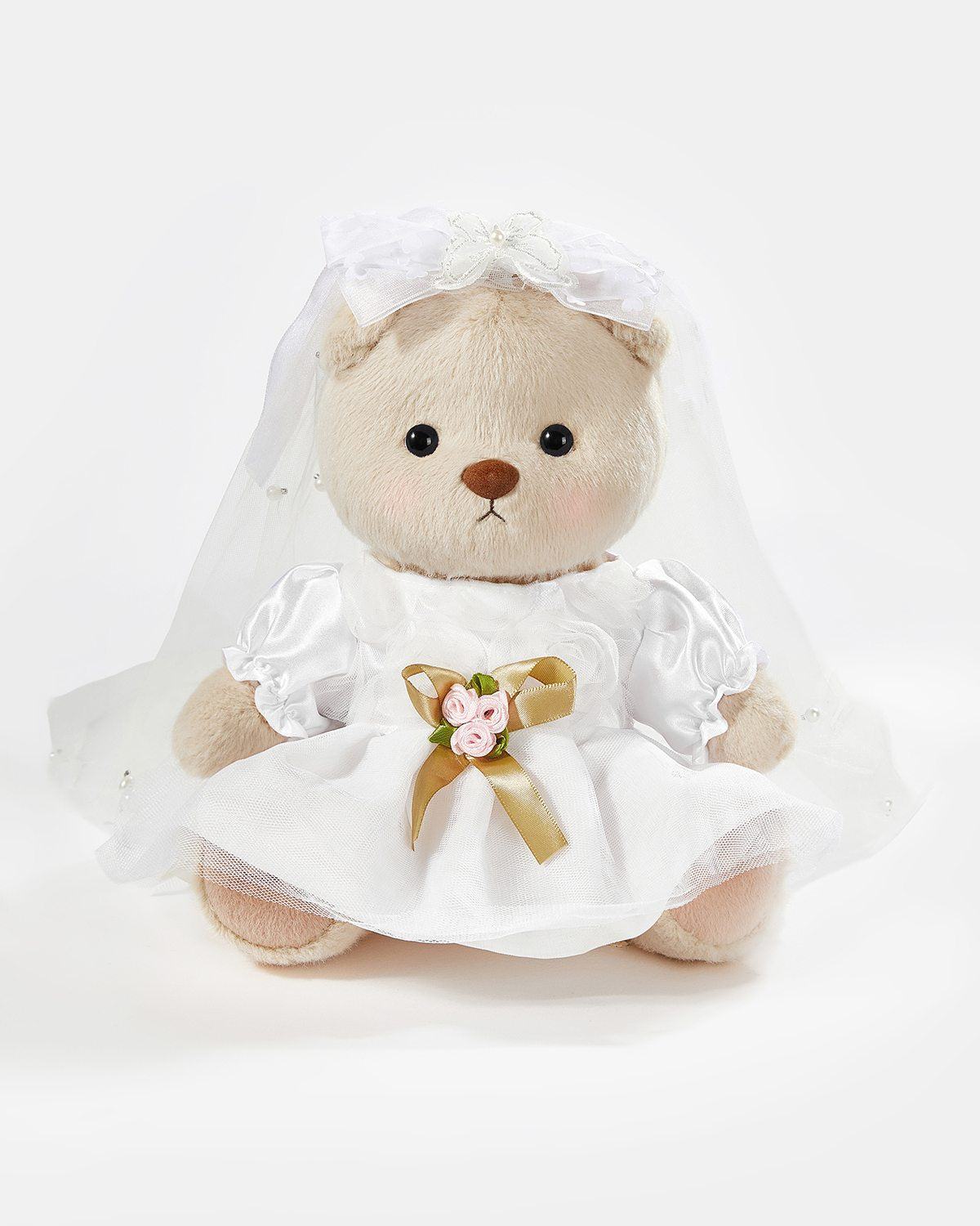 Milk Tea Short Hair Bear & White Wedding Dress - 12 Inches