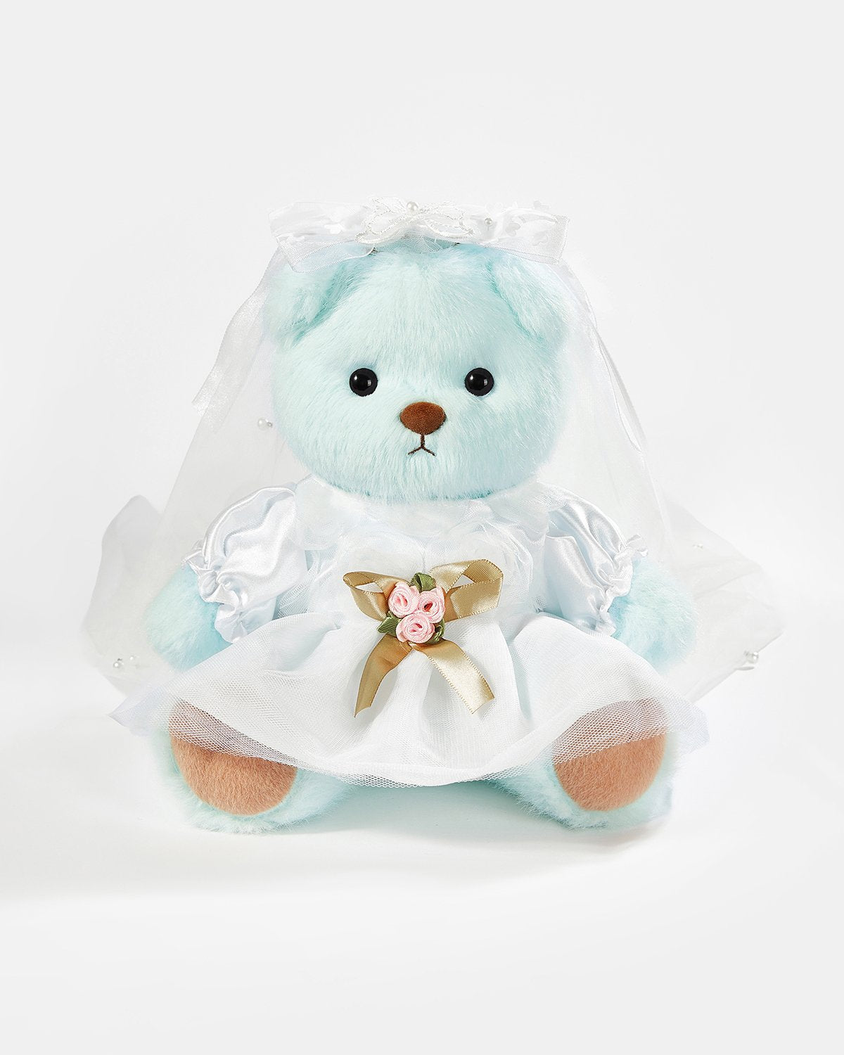 Mint Blue Long Hair Bear & White Wedding Dress - 12 Inches