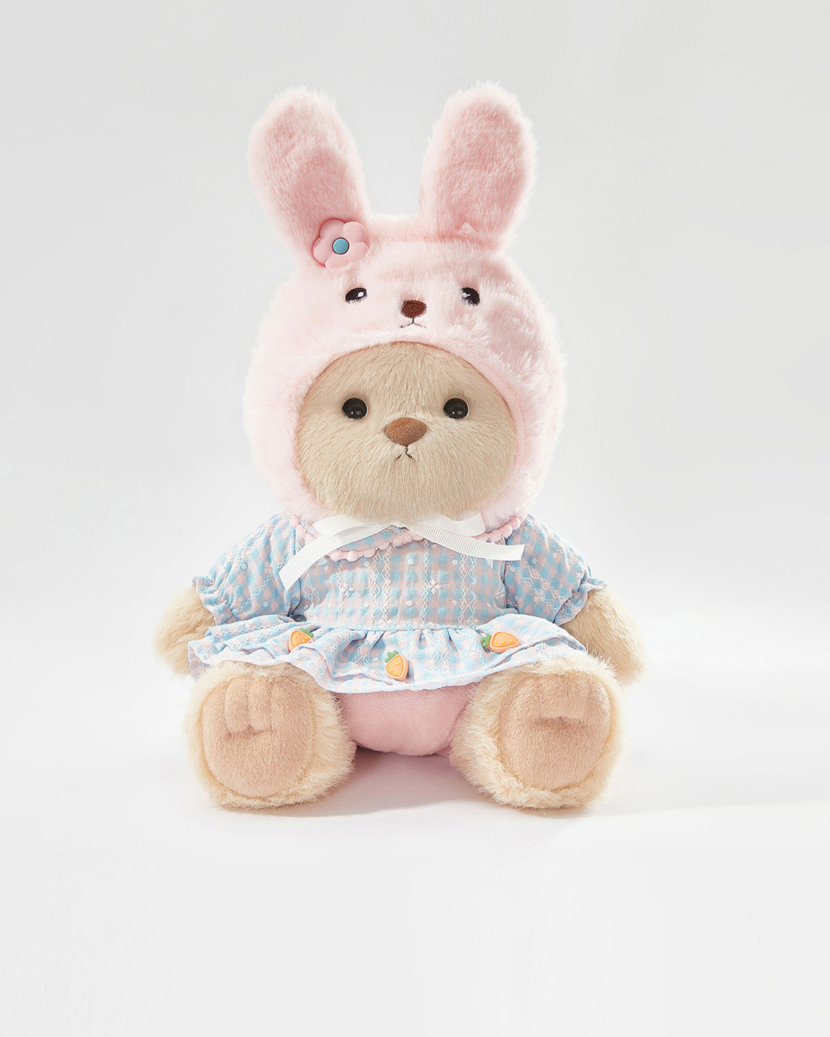 Milk Tea Long Hair Bear & Lovely Bunny Pink Dress Set - 12 Inches