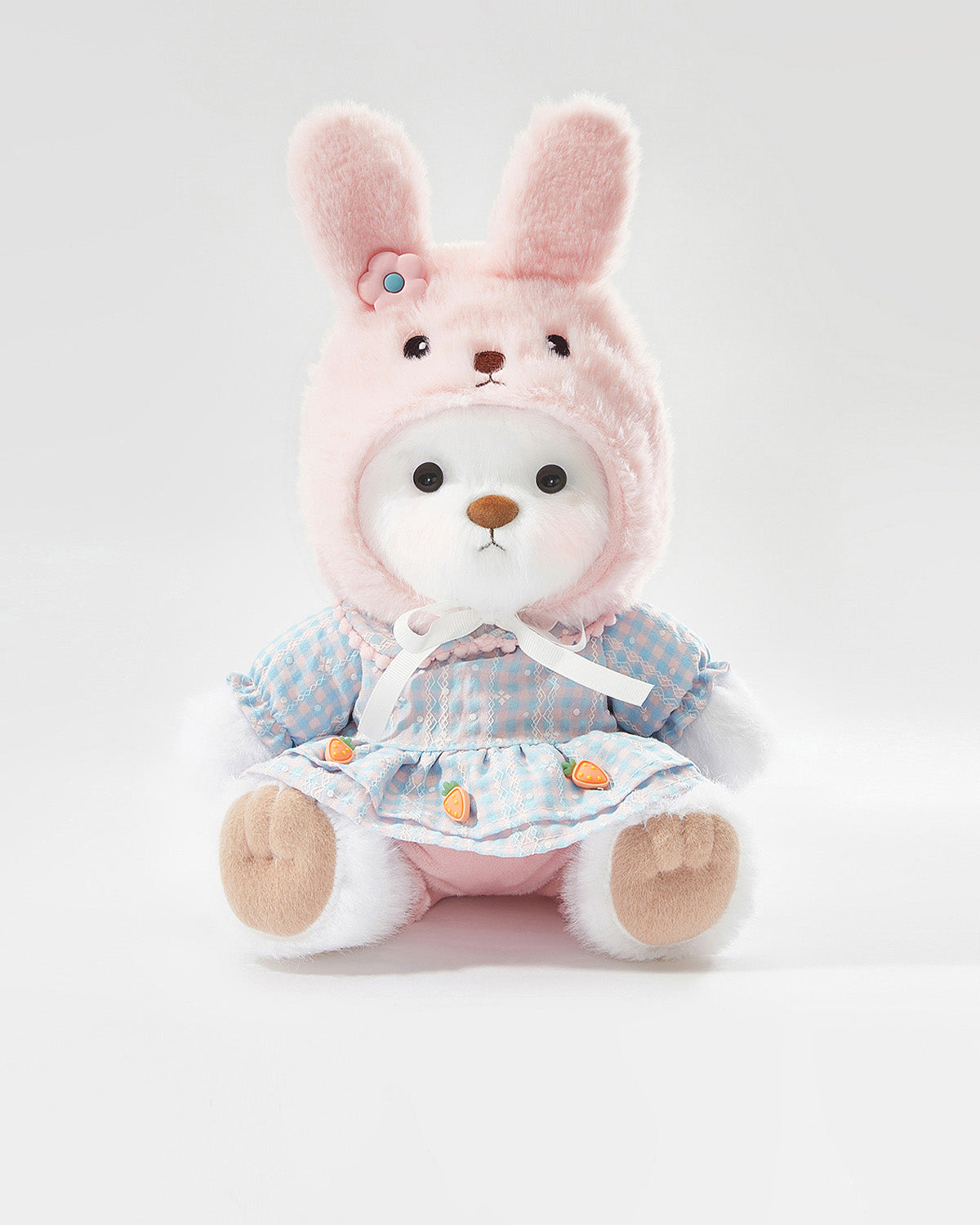 White Long Hair Bear & Lovely Bunny Pink Dress Set - 12 Inches