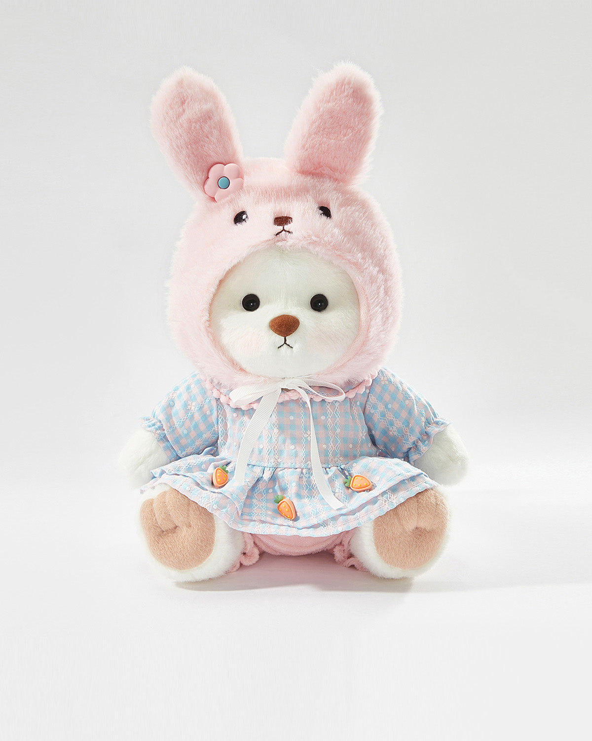 White Short Hair Bear & Lovely Bunny Pink Dress Set - 12 Inches