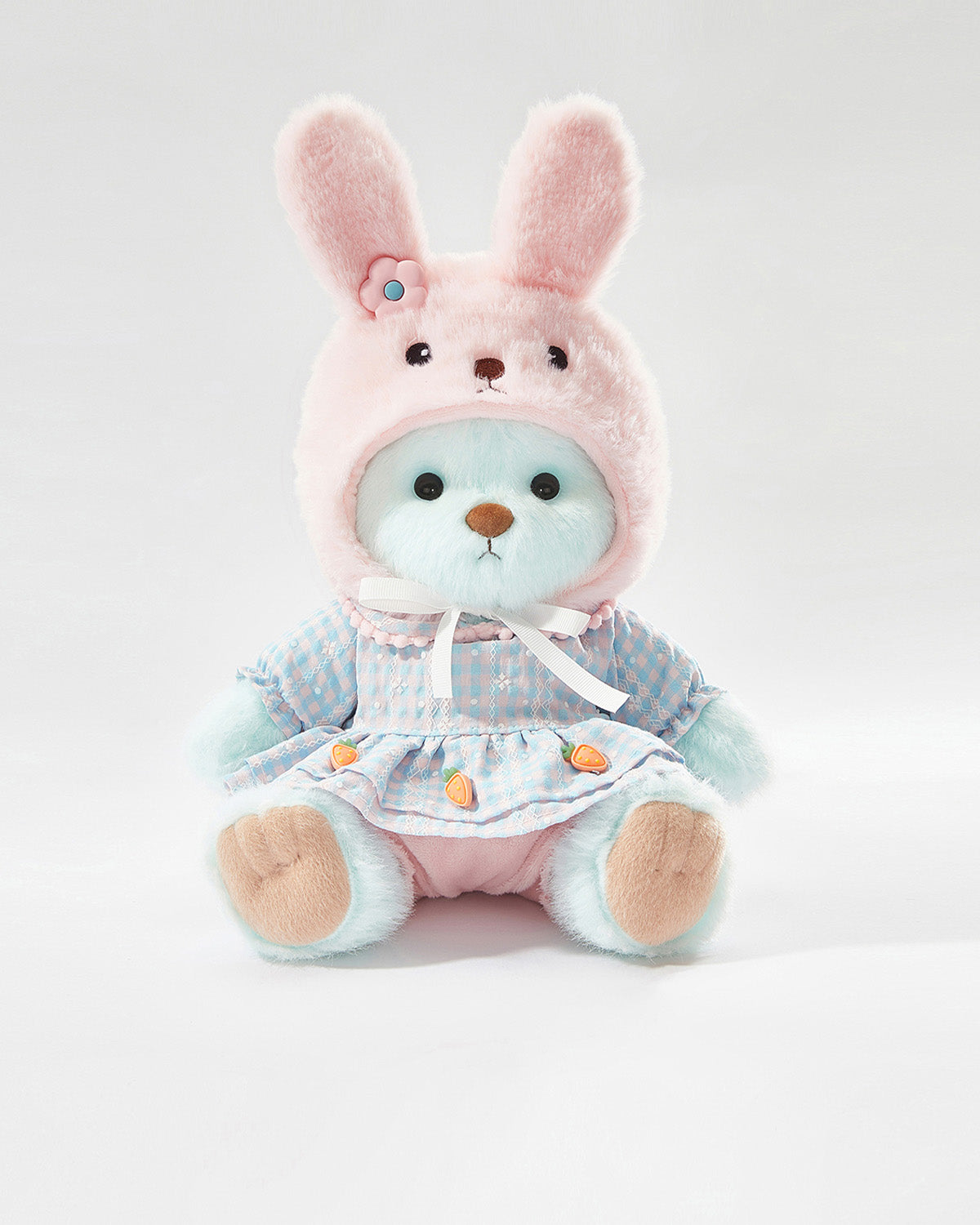 Mint Blue Long Hair Bear & Lovely Bunny Pink Dress Set - 12 Inches