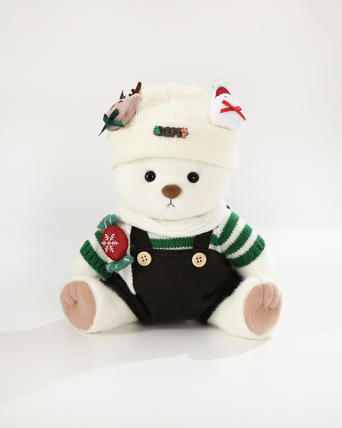 White Short Hair Bear & Christmas Green Striped Sweater Set - 12 Inches