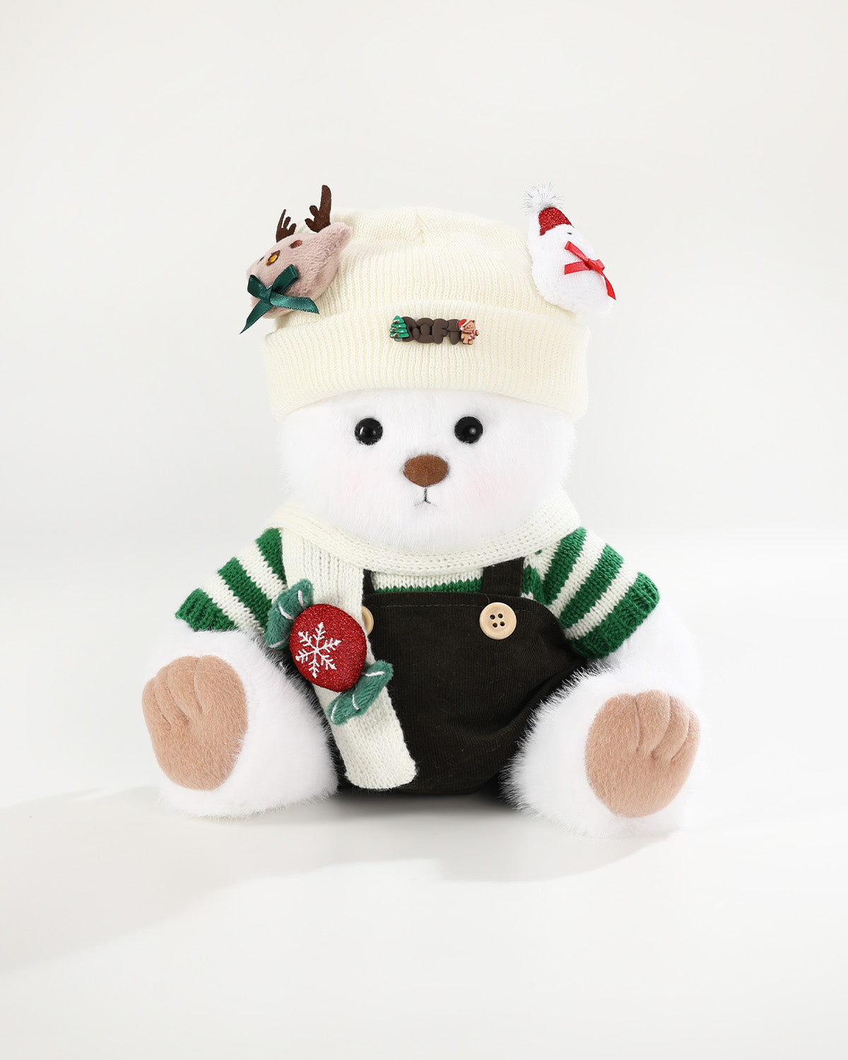 White Long Hair Bear & Christmas Green Striped Sweater Set - 12 Inches
