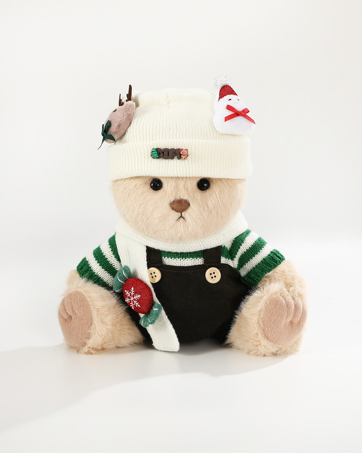 Milk Tea Long Hair Bear & Christmas Green Striped Sweater Set - 12 Inches