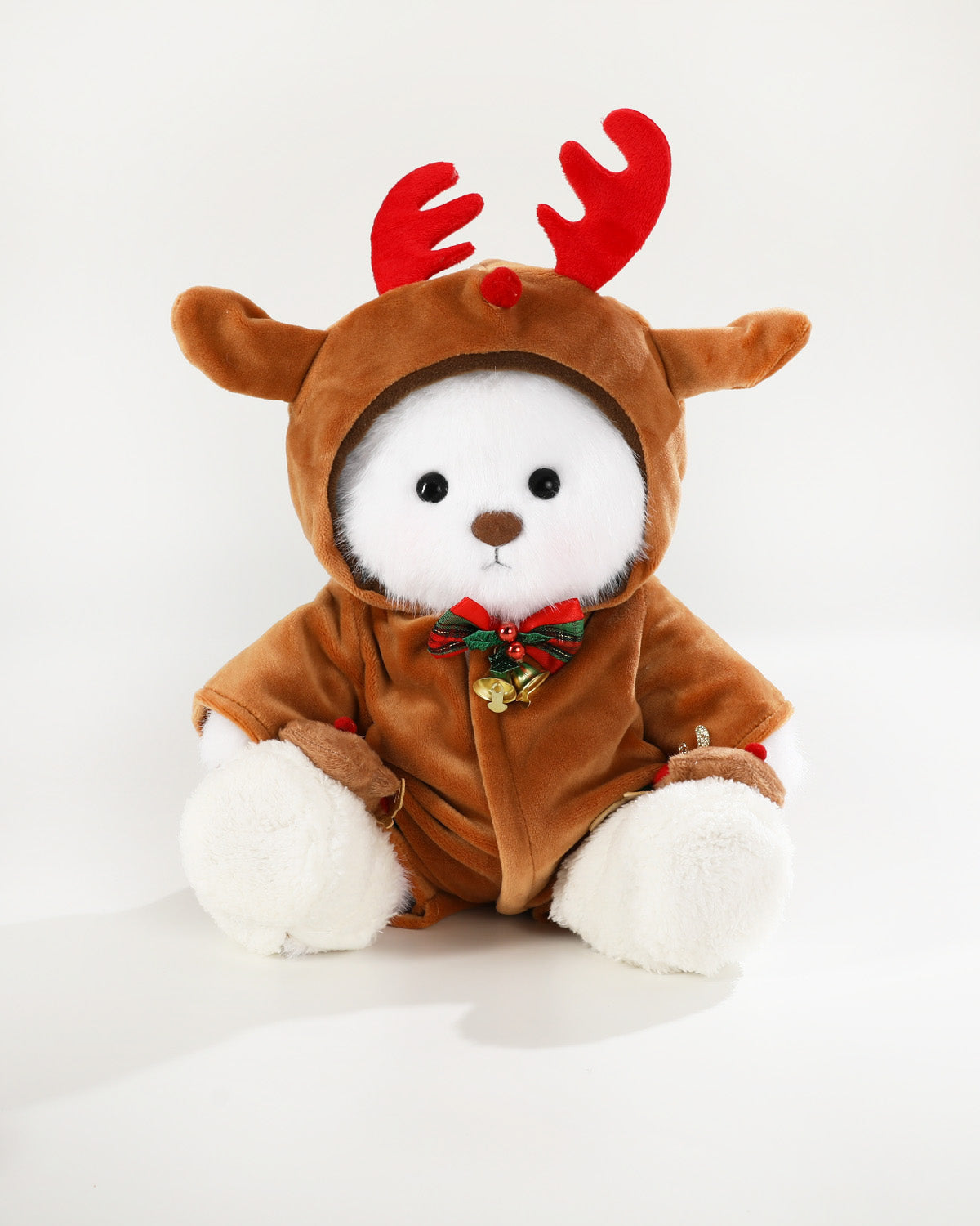 White Long Hair Bear & Christmas Reindeer Jumpsuit - 12 Inches