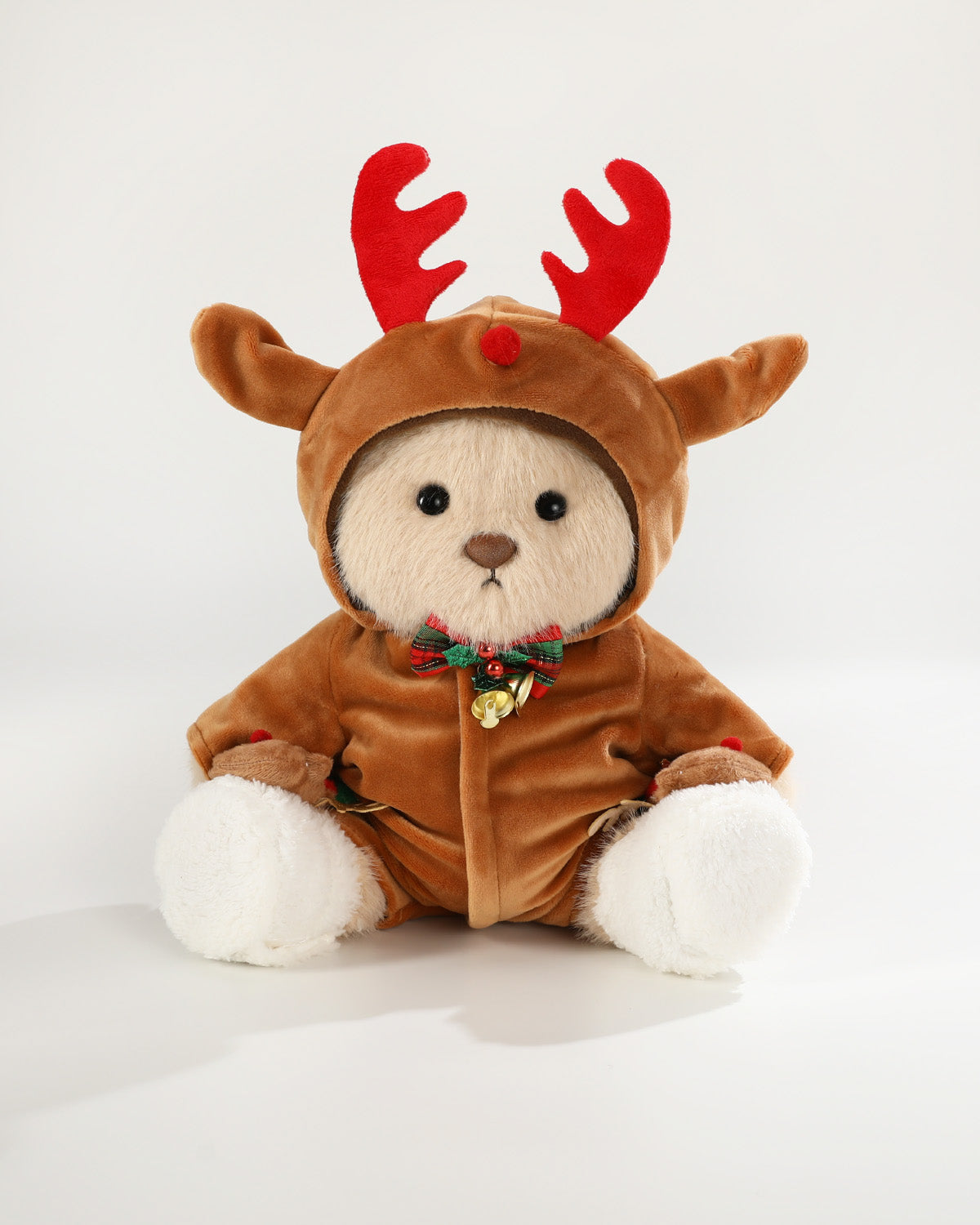 Milk Tea Long Hair Bear & Christmas Reindeer Jumpsuit - 12 Inches