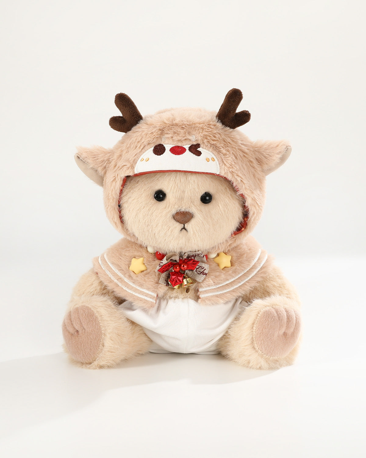 Milk Tea Long Hair Bear & Christmas Reindeer Cape - 12 Inches